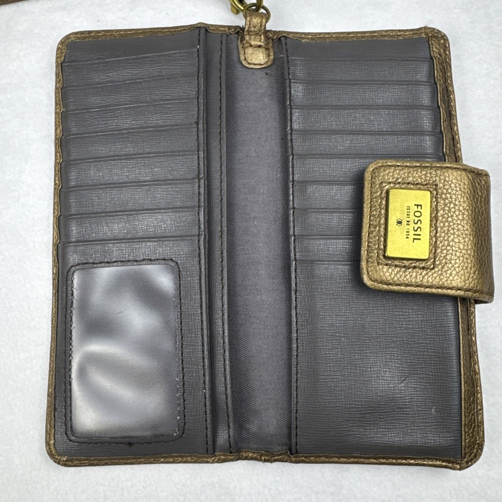 FOSSIL Quinn Slim Wristlet Clutch Bi-Fold Wallet Pebbled Metallic Gold SWL1085 - Picture 4 of 12